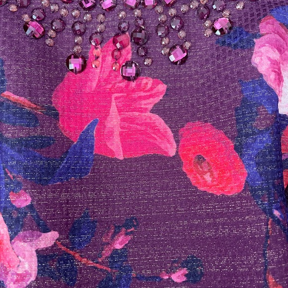 Adrianna Papell Purple Floral Cocktail Dress - Crystal Beaded Neckline Size 6 - Picture 5 of 7